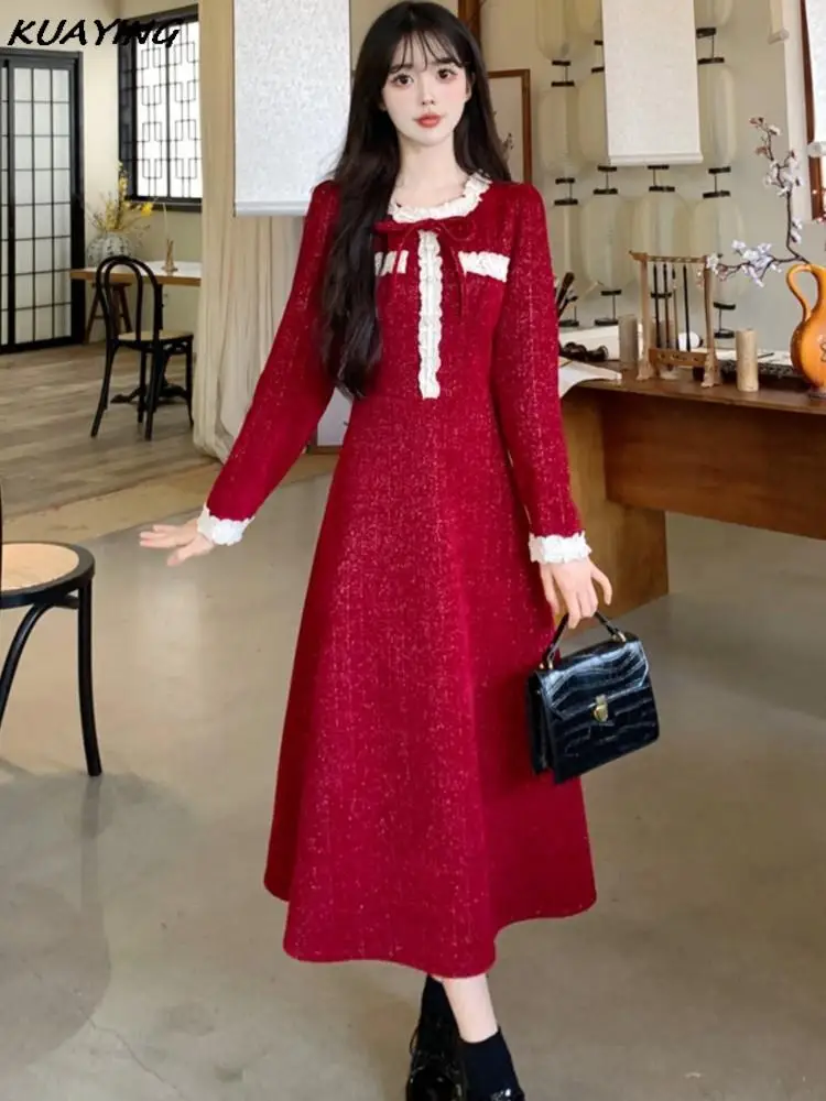 Autumn Elegant Party Dresses Woman Small Fragrant Sweet Bow Lace-up Wedding Evening Midi Dress Winter Christmas A-Line Vestidos