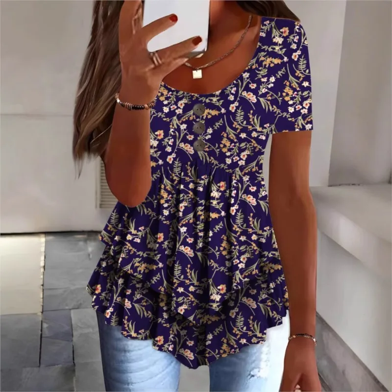 Fashion Flower Irregular Womens Top Casual O Neck Button Short Sleeve Print Ruffles Blouse Lady Elegant Summer Blouse And Tops