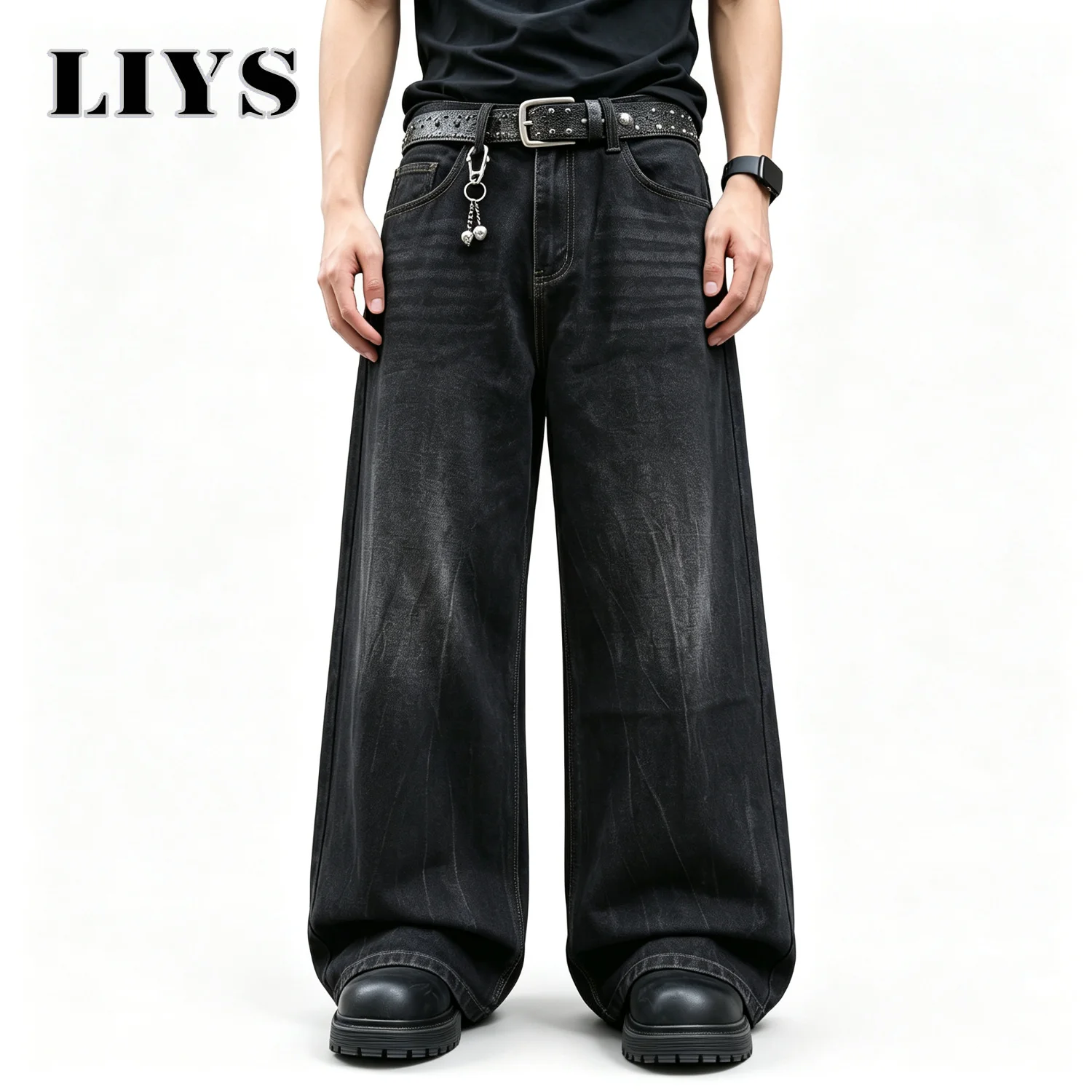 Men's Baggy Wide Leg Jeans Black Washed Faded Denim Pants Gold Stitch Streetwear Y2K Hip Hop Loose Vintage Casual Trousers