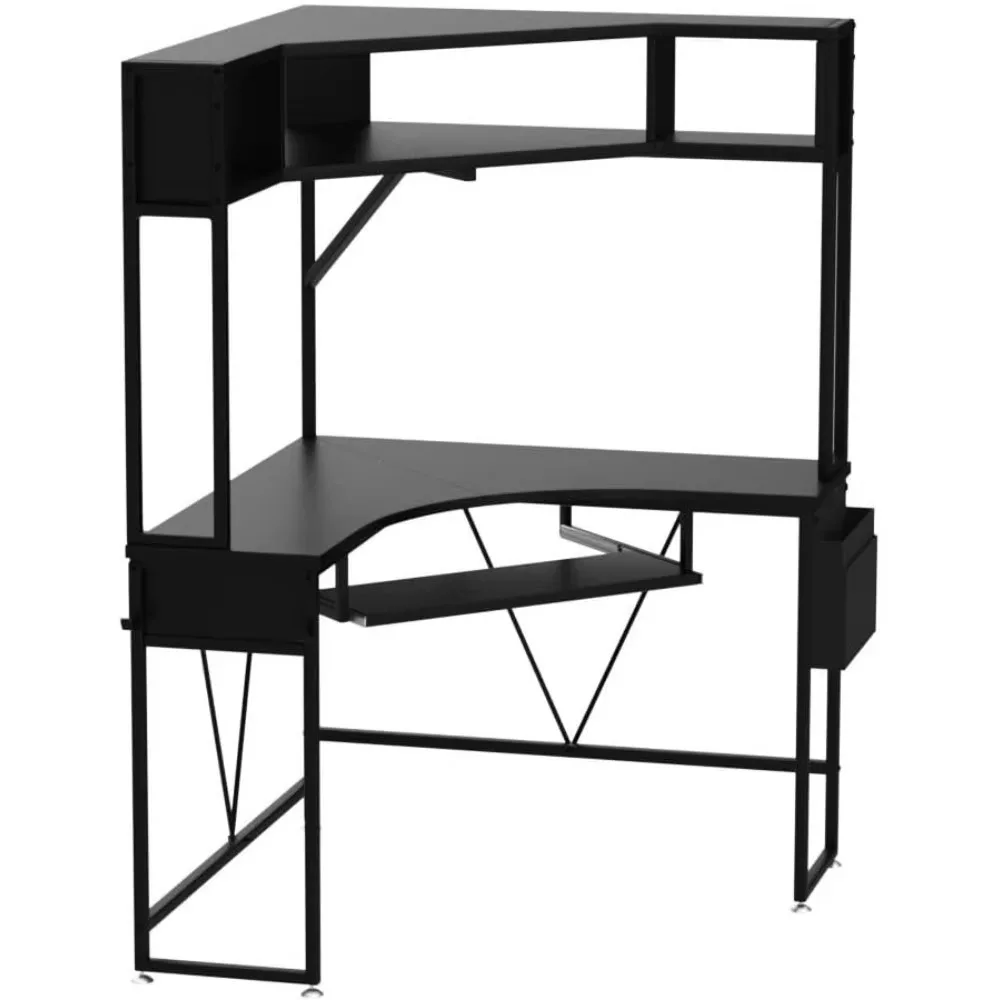 Corner Desk, Small Computer Desk with Hutch & LED Lights, Triangle Corner Computer Desk with Keyboard Tray, Storage Bag