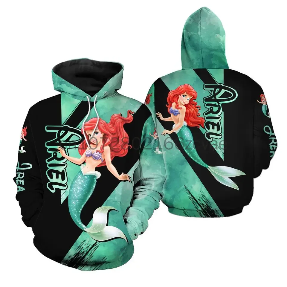 New Disney Ariel Little Mermaid Hoodie 3D Printed Fashion Street Casual Men\'s and Women\'s Children\'s Sports Pullover Hoodie