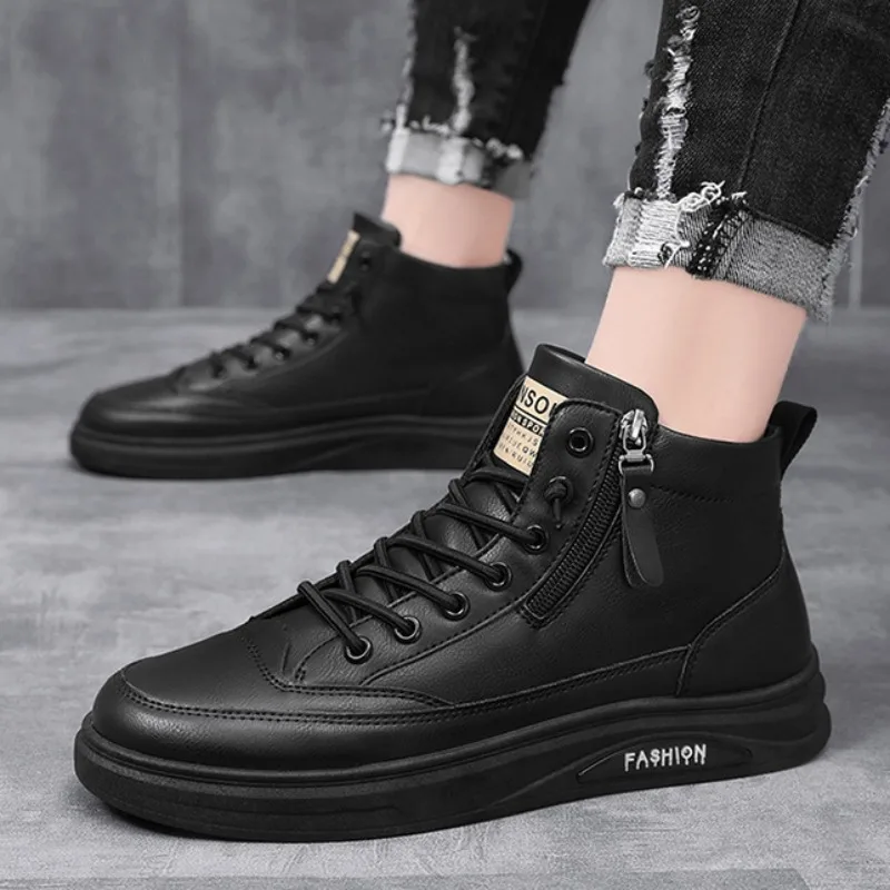 Men Casual Leather Board Shoes Spring Autumn Waterproof No-slip Sneakers Fashion Lightweight High Top Flat Shoes Tenis Masculina