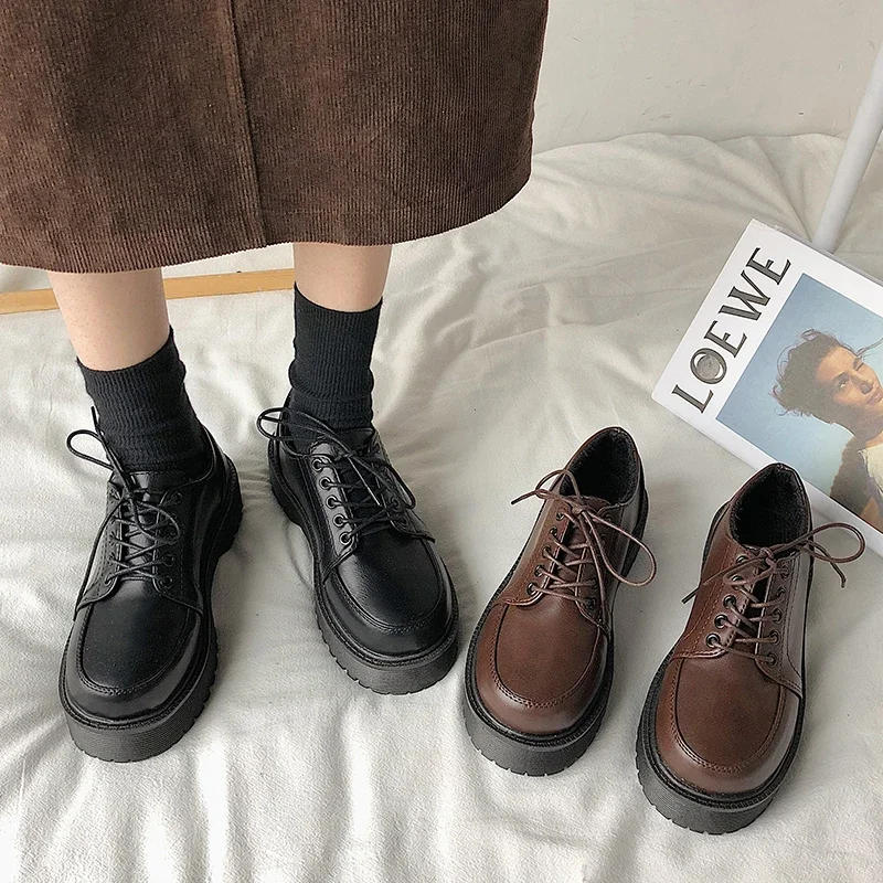 Spring Autumn Women Oxford Shoes Flat on Platform Casual Shoes Black Lace Up Leather Shoes Sewing Round Toe Zapatos Mujer