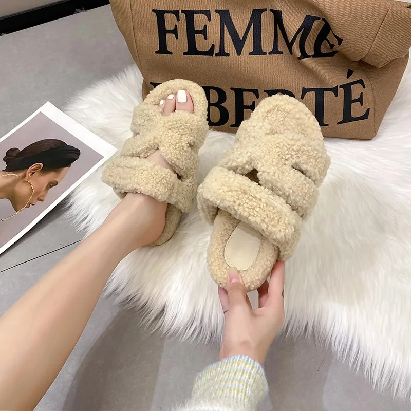 Fur Casual Sandals Women Home Slipper Shoes Flat With Open Toe Solid Spring Autumn Party Big Size 40 Shoes Warm Slip On