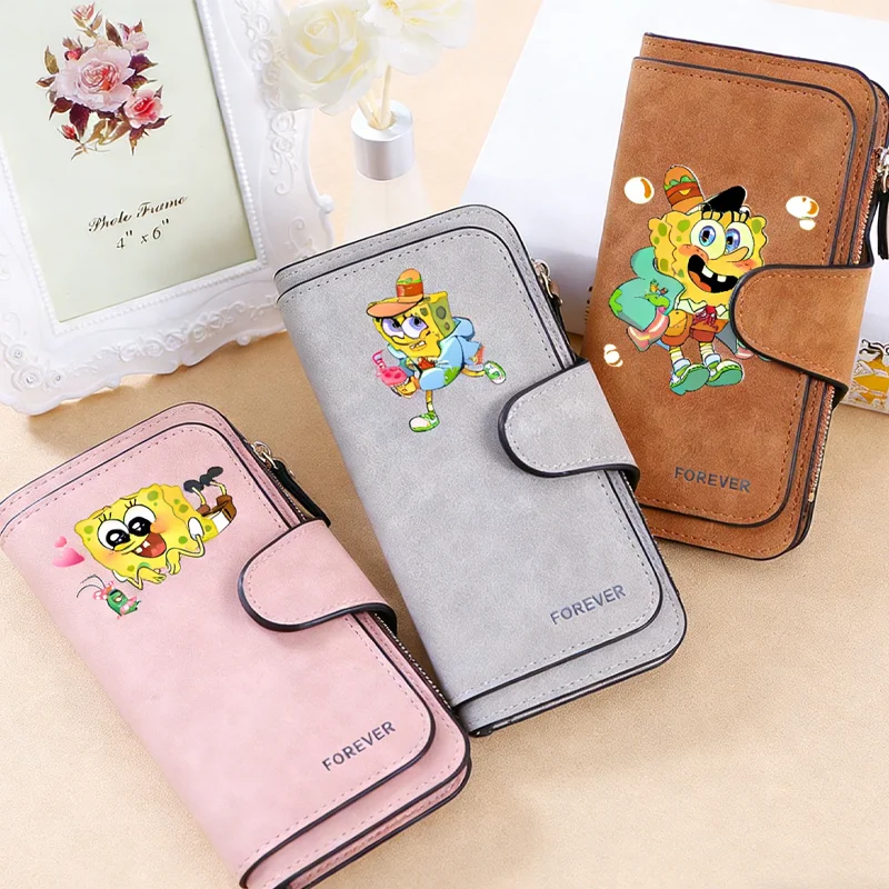 SpongeBobs SquarePants PU Long Purse Printed Zipper Wallet Folded Wallets Cute Money Coin Purses Holder Female Leather Bags Gift