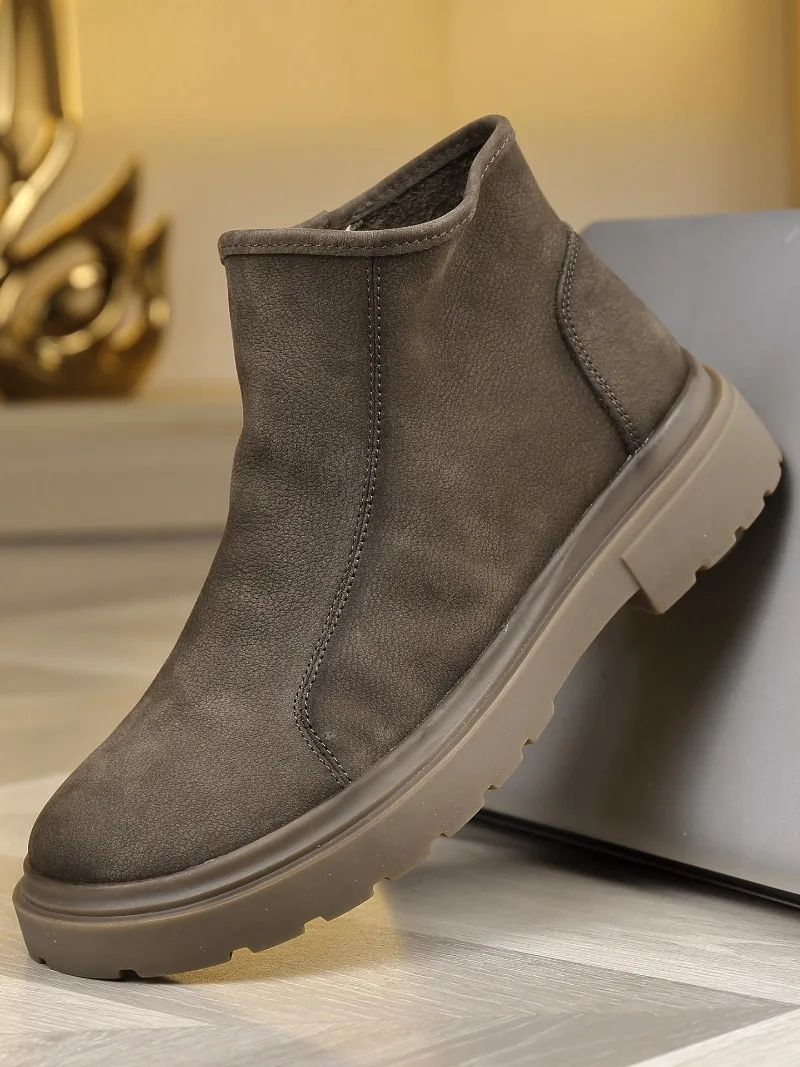 

British Style High-Top Boots Men's Shoes Autumn Winter Cowhide Round Toe Zipper Chelsea Outdoor Work Genuine Leather Boots Male