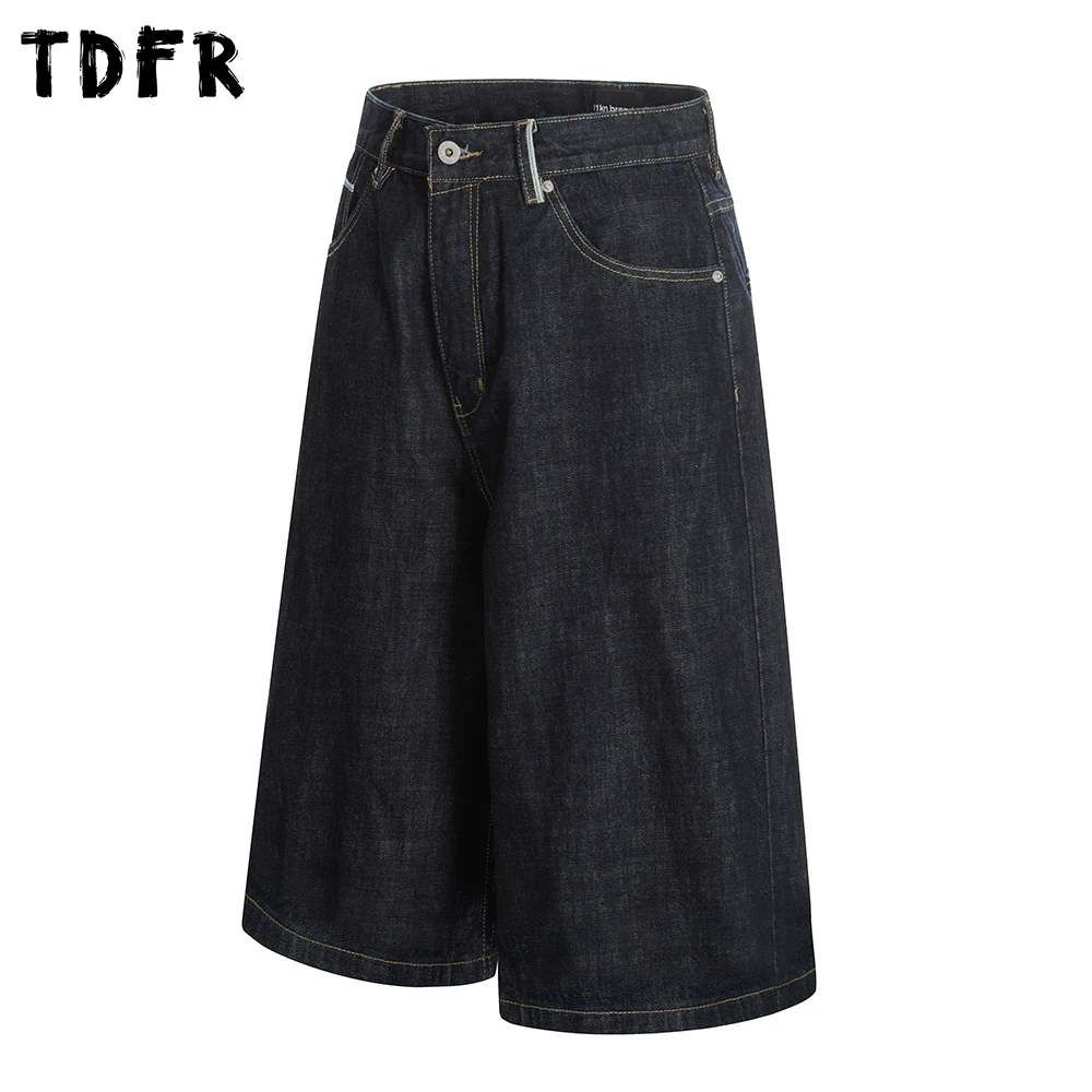 Pantaloncini di jeans grezzi Uomo Estate Retro Streetwear Bermuda Baggy oversize Gamba larga Topstitch Jeans corti al ginocchio solidi Uomo Jorts