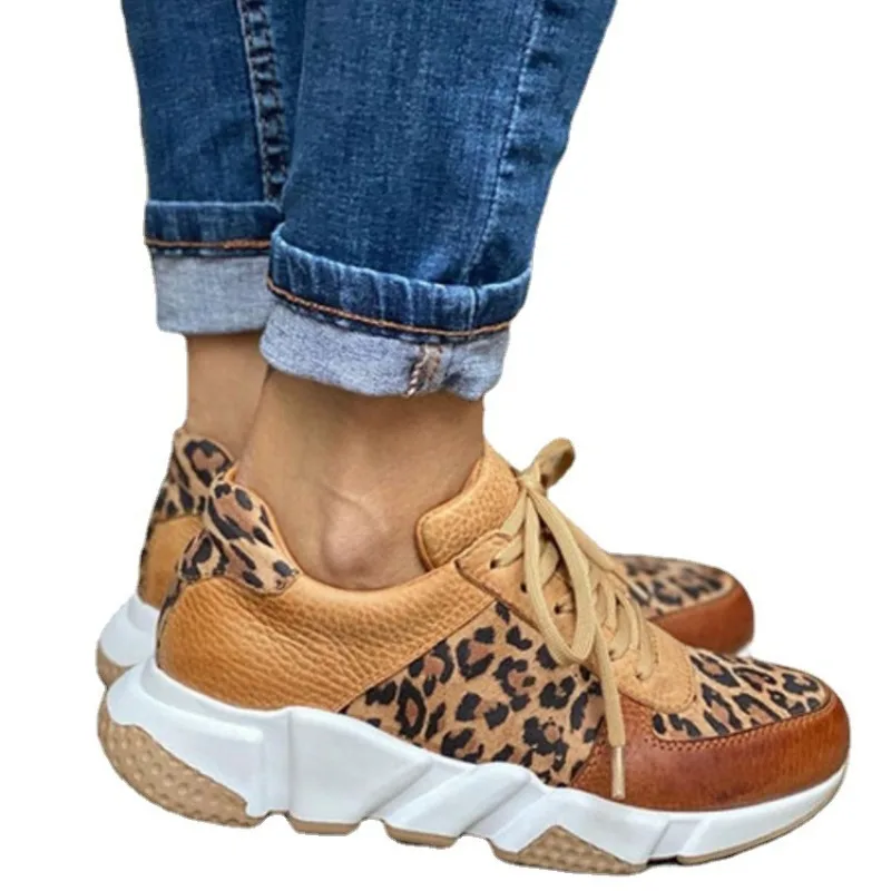 

Platform Sneakers Women 2023Round Toe Low-top Leopard Wedge Shoes Women's Size 43 Lace Up Casual Sports shoes Fashionable