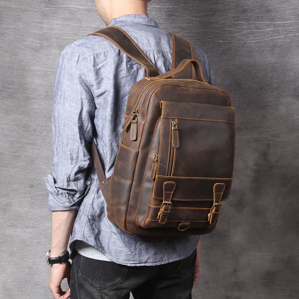 S.WORKER Vintage Echtleder-Rucksack Laptop-Tasche Crazy-Horse-Leder Schultasche Outdoor-Reise-Weekender-Schultertasche – Detail 5