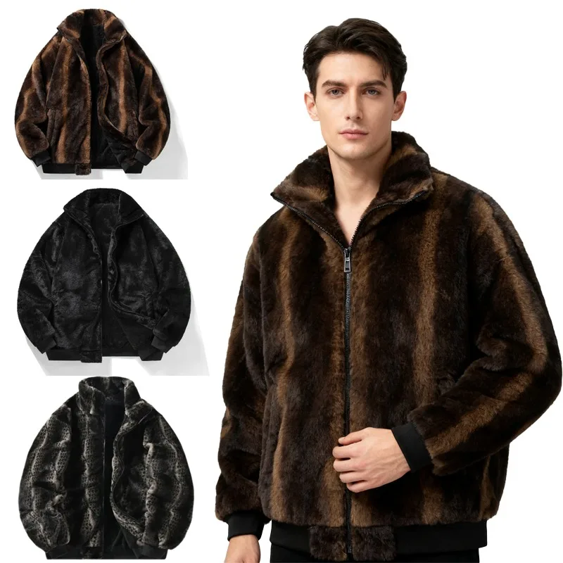 

Мужская куртка-шерпа с воротником-стойкой, однотонное пальто, плотная теплая двусторонняя верхняя одежда на флисовой подкладке с плюшевой внутренней частью для повседневного использования
