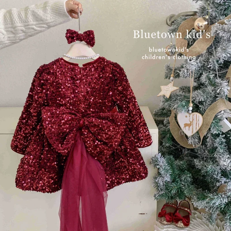Girls' Autumn Winter New Sparkling Sequin Heavy Craft Birthday Bow Tail Mesh Princess Dress