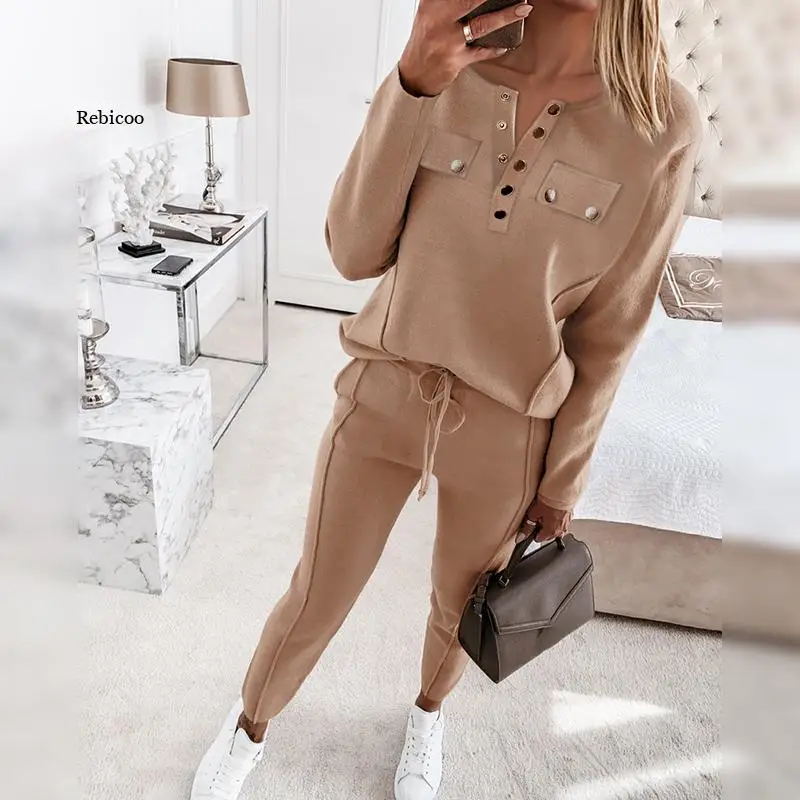 Spring V Neck Buttoned Pocket Loose Long Sleeve Sweatshirts Women Training suit Drawstring Fitness Pants Set Sportswear