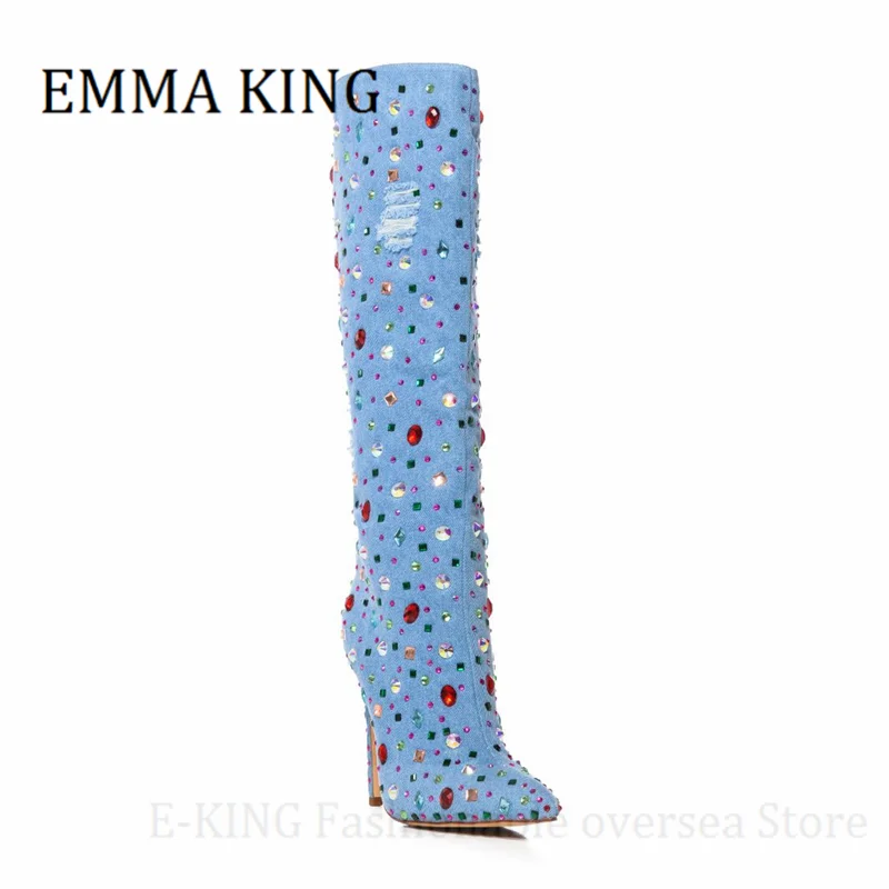 Women Denim Gemstone Knee-high Boots Sexy Pointed Toe Colorful Rhinestone Long Boots Female Bling Catwalk Nightclub Booties 44