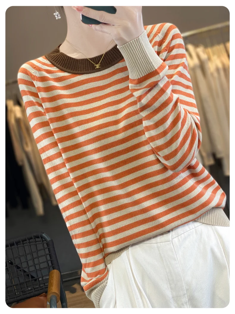 

Fall Winter Worsted Wool Women Sweater O-Neck Pullover Long Sleeve Knitted Outerwear Stripe Top Leisure Style New Fashion Jumper