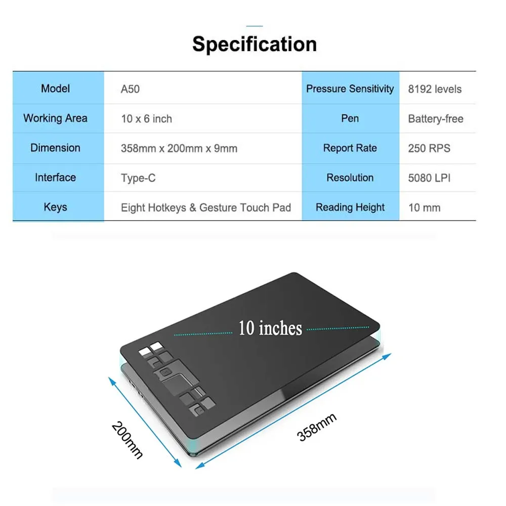 Imagem -05 - Veikk A50 10 x6 Polegadas Gráficos Profissionais Desenho Tablet Tipo-c Interface com 8192 Nível Bateria-livre para a Almofada de Desenho Digital