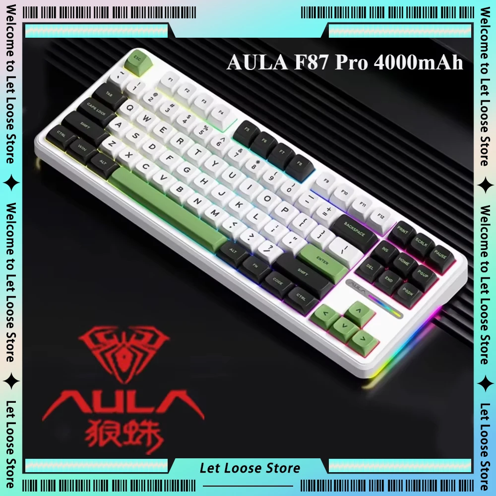 AULA F87 Pro Mechanical Keyboards Three Mode Keyboard RGB Side Light Hot Swappable 87 Key Keyboard Grey Wood Switch Agile Switch