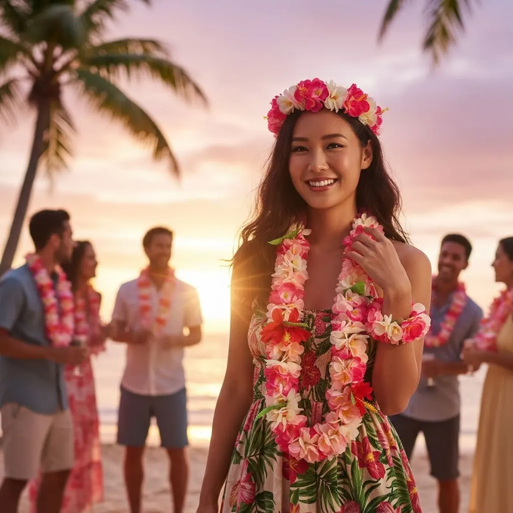 مجموعة Luau Flower Lei (4 عبوات) - قلائد وعصابة رأس من الزهور الحريرية الواقعية - دعائم كشك صور لقضاء العطلات على الشاطئ وديكورات الحفلات