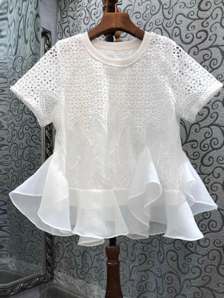 

2025 Summer New Blouses Hook Flower Hollow O Neck Short Sleeve Ruffles Patchwork Shirts Fashion Design All Match Women Clothing