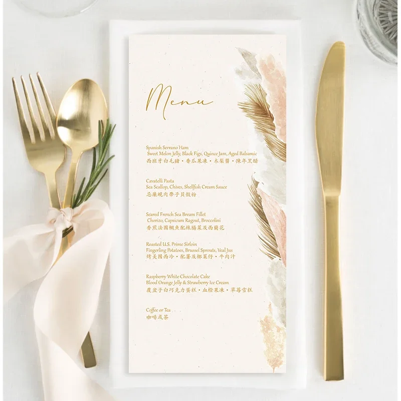 Custom champagne pampas grass wine red color wedding engagement process blessing language plate menu 70pcs