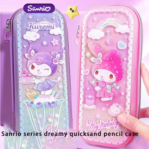 Kuromi Character Glitter Flow Sand Pencil Box Multi Functional Double Deck Design Kawaii School Accessories for Kids Gift
