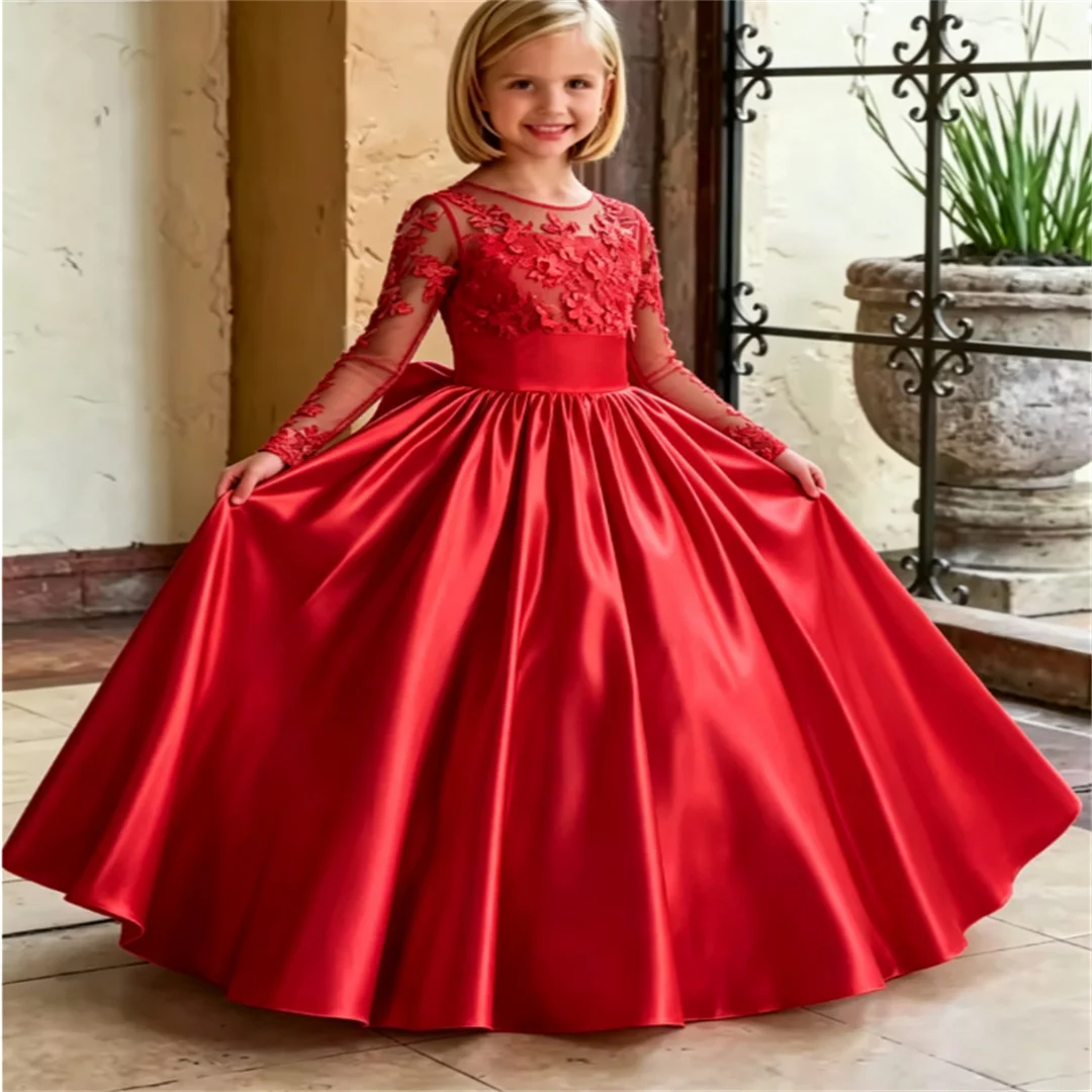 Custom Satin Children's Pageant Dress White Mesh Round Neck 3D Floral Lace Long Sleeve Princess Dress Girls First Communion