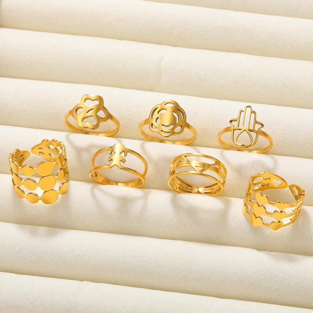 18K Gold Color Stainless Steel Ring Heart Dog Flower Hollow Alphabet Rings Simple Fashion Jewelry For Women Party Gift New 2023