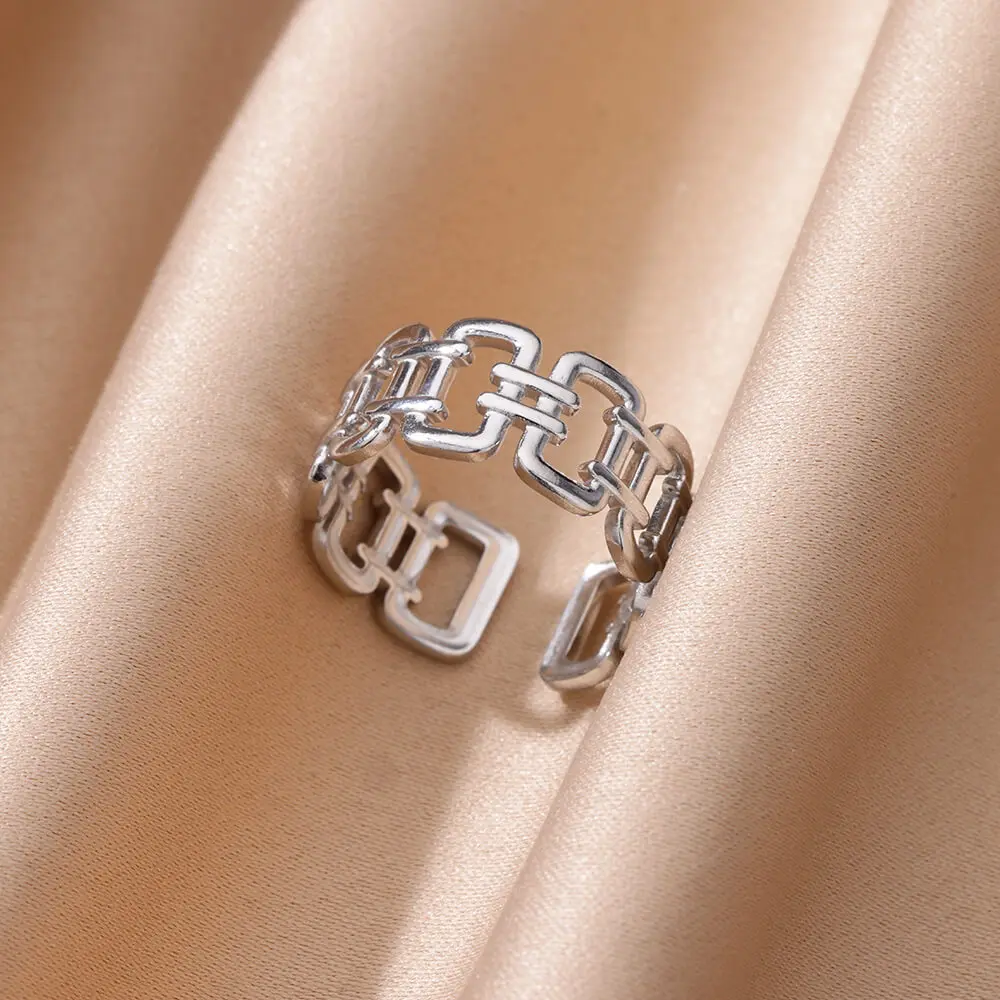 Hollow Stainless Steel Rectangle Rings For Women Gold Color Opening Geometric Ring Fashion Wedding Party Christmas Jewelry Gift