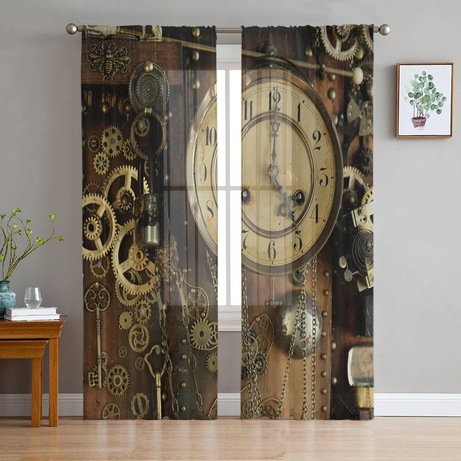 Mechanical Gear Timepiece Time Pointer Sheer Curtains Living Room Window Tulle Curtains Bedroom Veiling Curtains Luxury Drapes