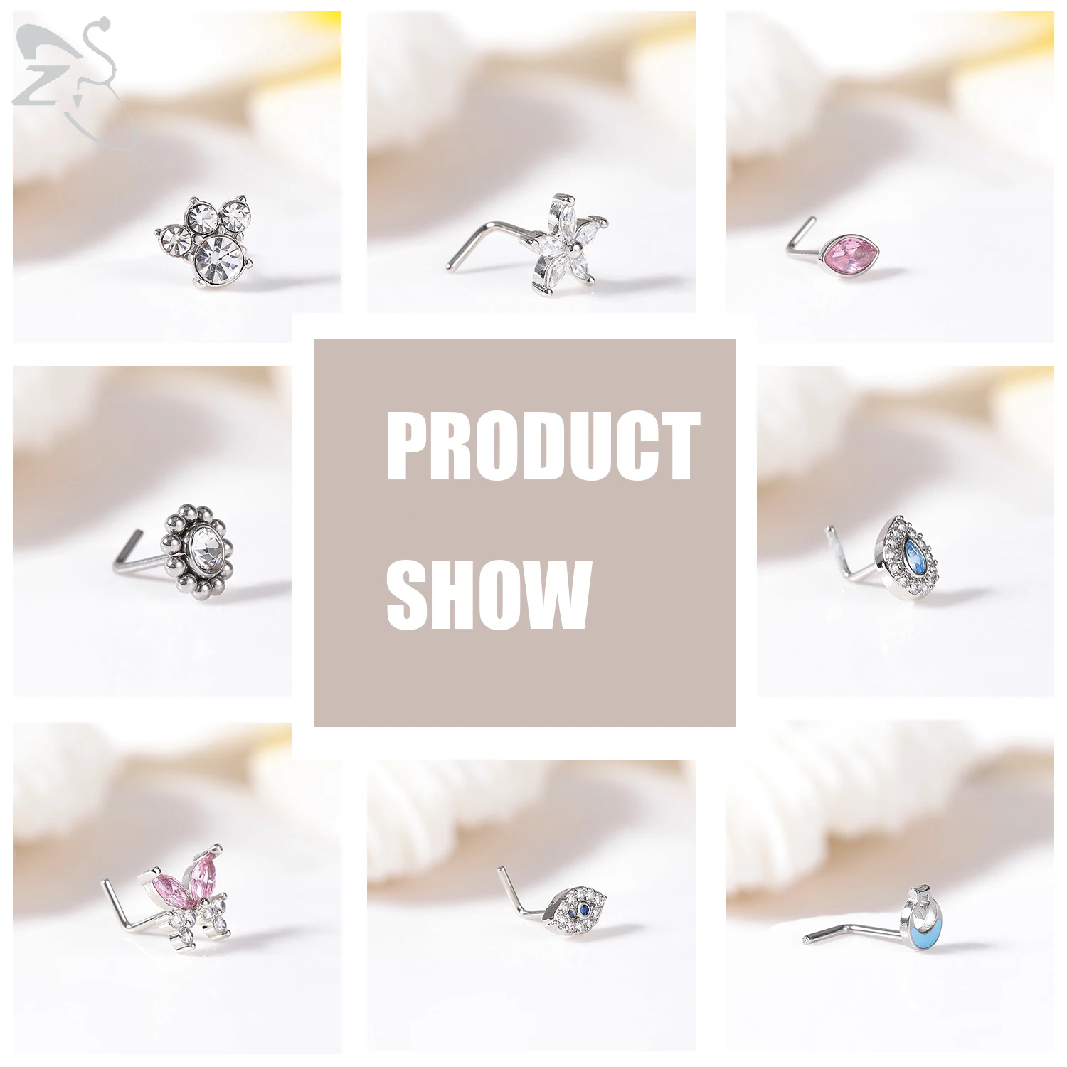 ZS 3pcs/lot 20G Stainless Steel Nose Stud Set Moon Heart Butterfly Crystal Nose Piercing Screw L Shape Nostril Piercing Jewelry