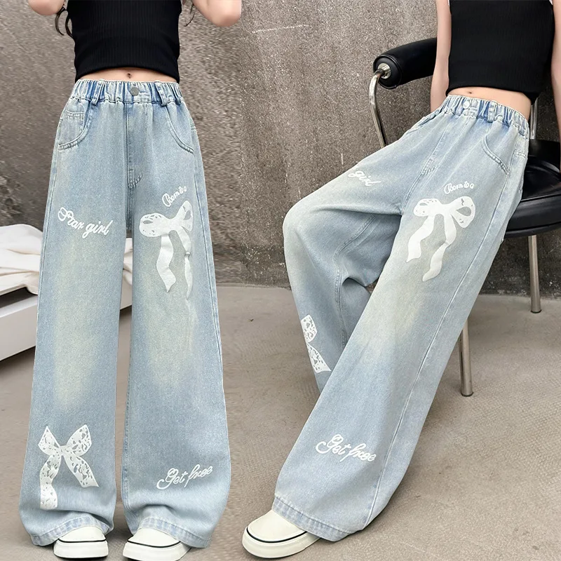 

Детские свободные джинсы с широкими штанинами, мягкие брюки, прямые джинсовые штаны с бантом, весенне-осенняя одежда для девочек 5-14 лет