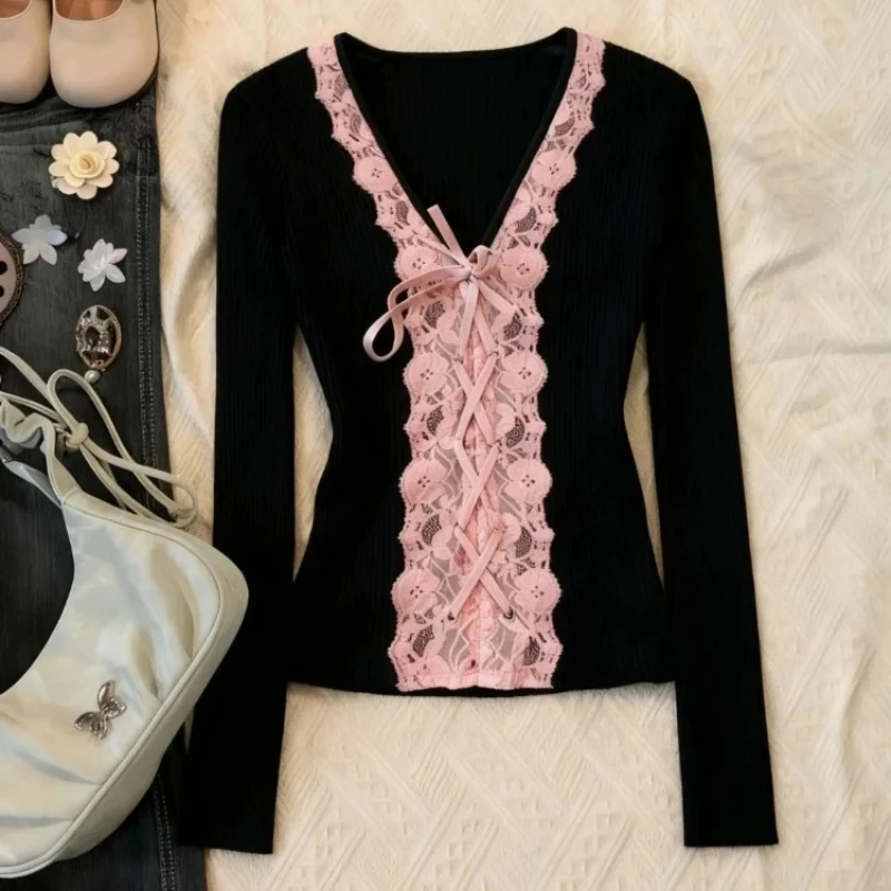

Lace Black Retro Clothes Female Tees Y2k Vintage Hot Girl Slim Long Sleeve T-Shirts Women High Street Gothic Patchwork Tops 2026