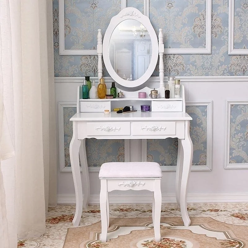 Rotation Removable Mirror Dressing Vanity Table Makeup Desk with Stool White