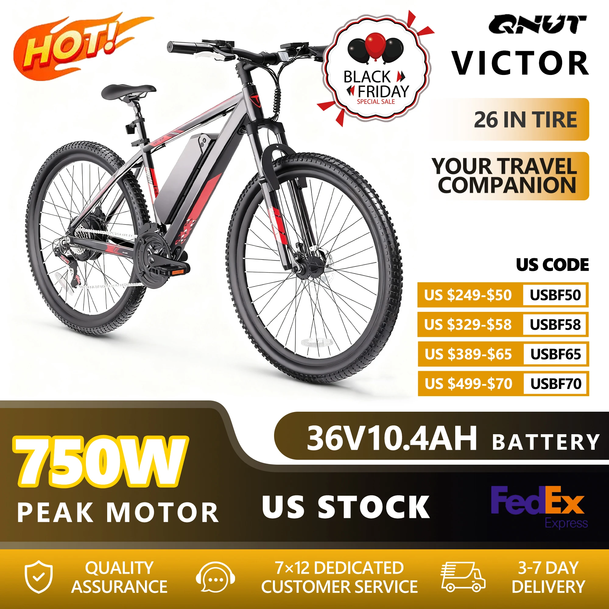 

QNUT Victor3.0 Mountain electric Bicycle 750W Peak 36V 10.4AH 26" Tire All-Terrain E-Bike Urban off-road Commuter Adult E-bike
