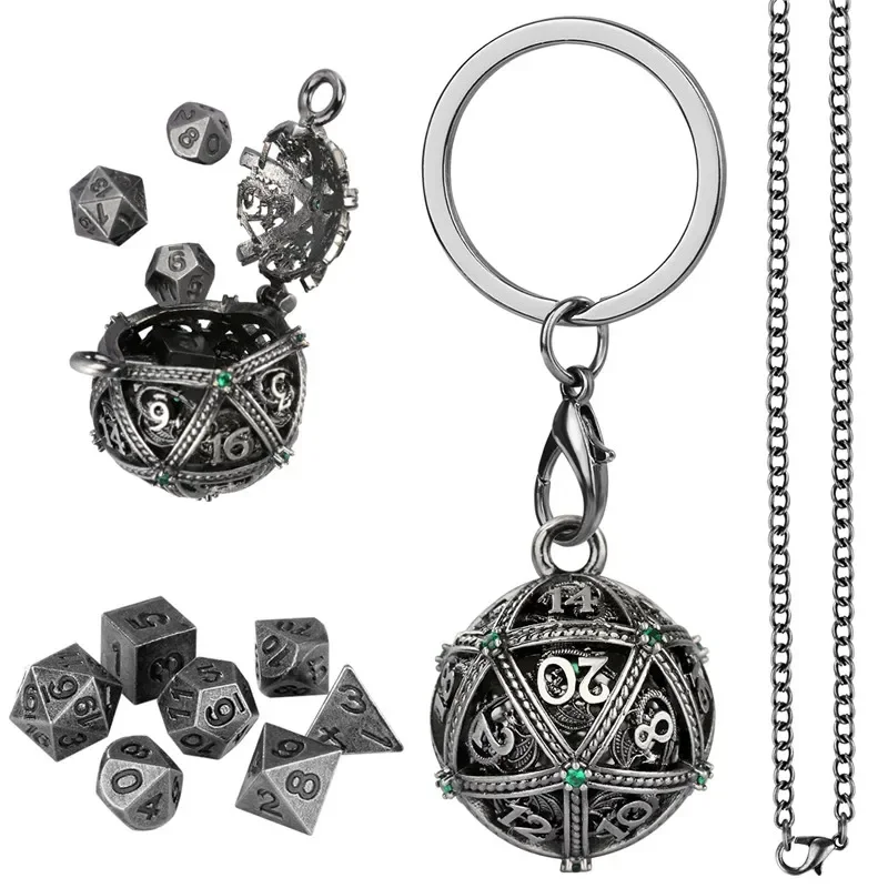 Picture 3: Antique Round D20 Case Pendant Key Ring 7pcs Mini Polyhedral Dice Set Role Play Gaming Dices Storage Case Necklace Chain Gift