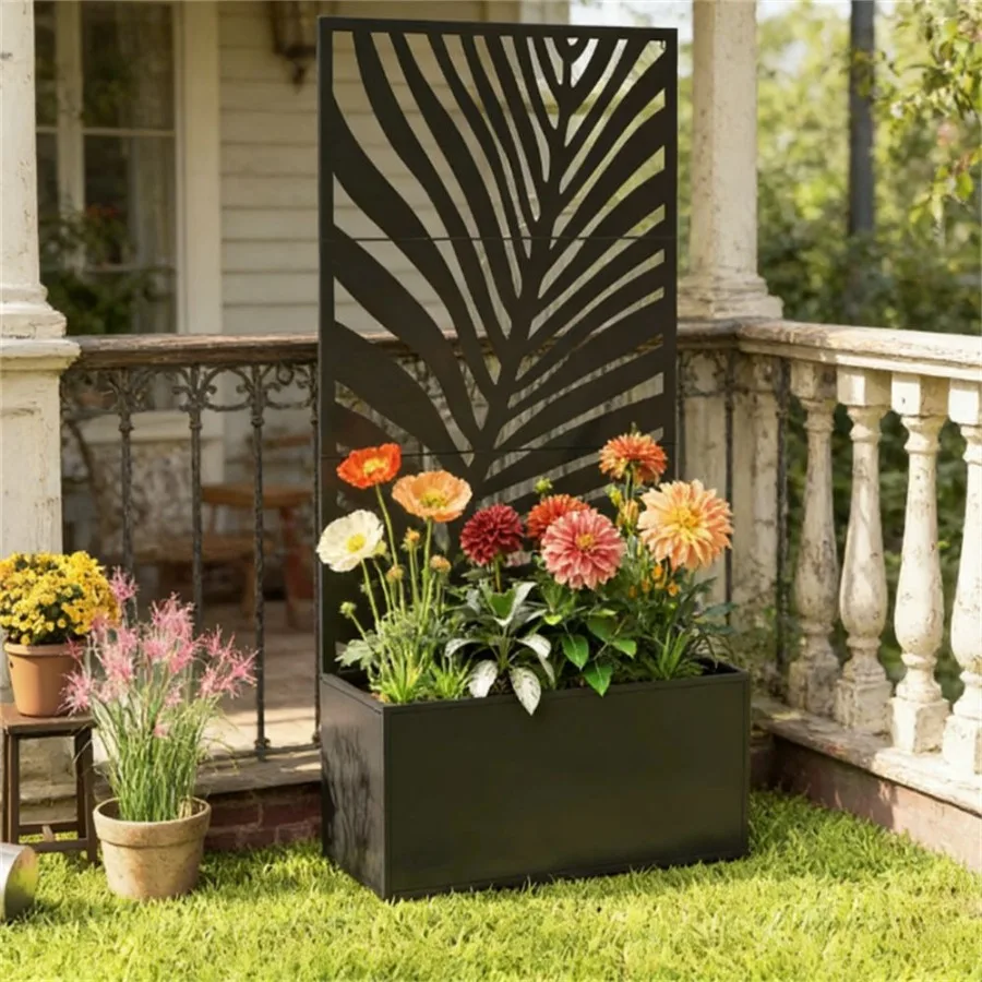 Metal flower pots for elevated garden beds and plant racks modern minimalist design in matte black durable rust-resistant const