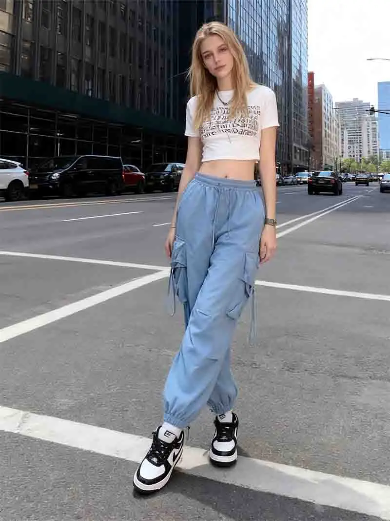 Pantalon Cargo pour femmes, vêtements de rue, automne, élasticité en Polyester, bicouche, trois-quarts, taille moyenne, revers, taille haute, Hipster cintré