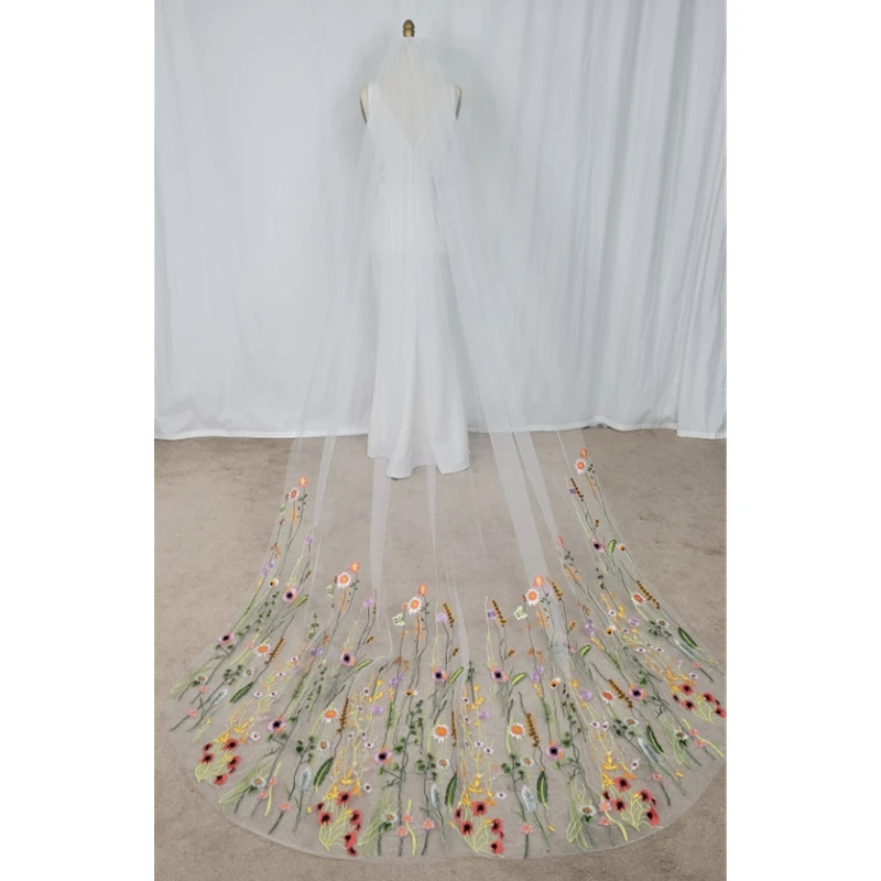 

Embroidered Floral Bridal Wedding Cape Draped Veils Wild Flowers Secret Garden Cathedral With Comb Green Orange Flowers Leaves