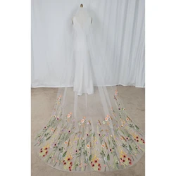 Embroidered Floral Bridal Wedding Cape Draped Veils Wild Flowers Secret Garden Cathedral With Comb Green Orange Flowers Leaves
