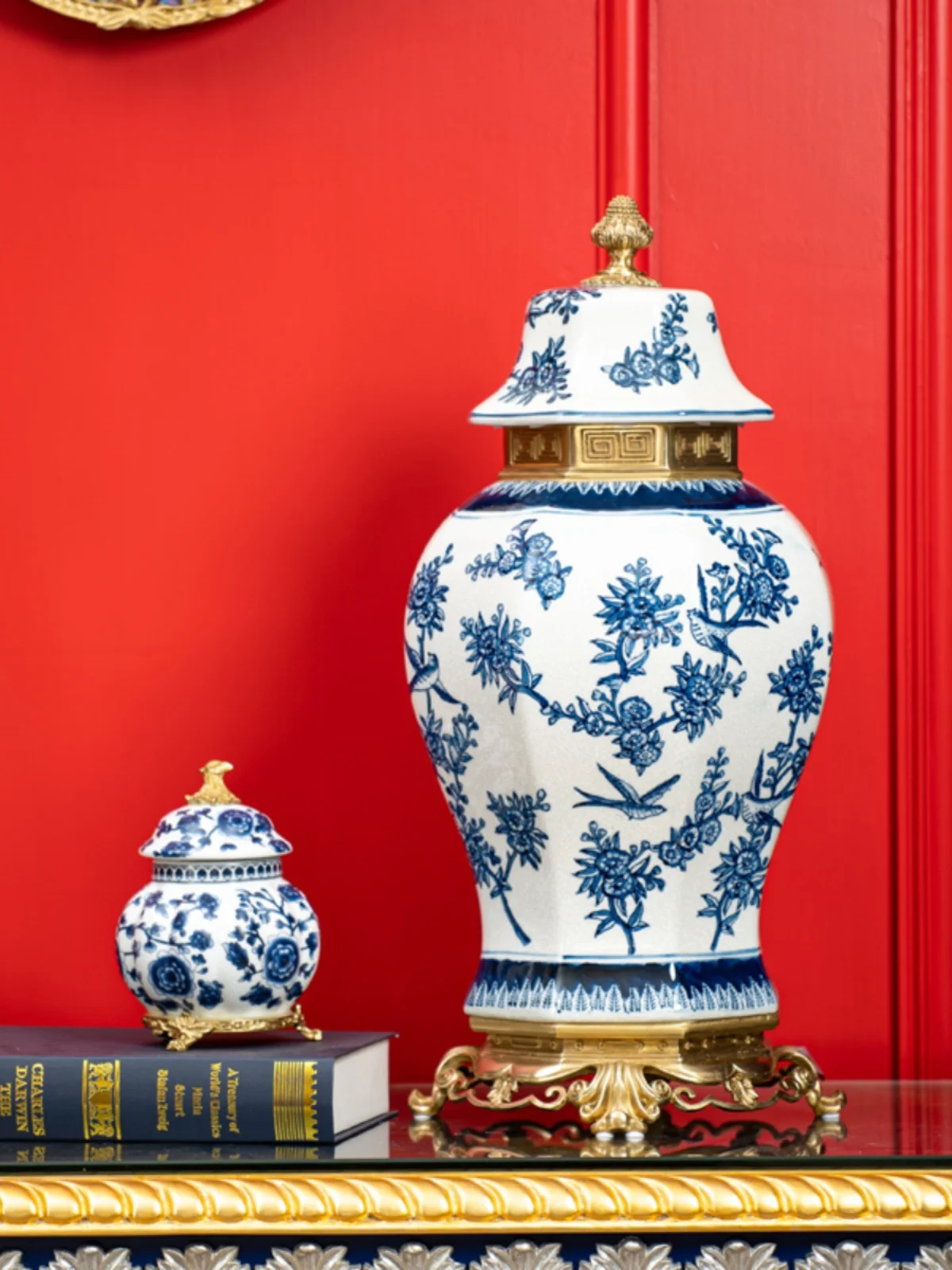 Classical blue and white ceramics with copper general jars, entrance luxury decoration, high-end soft handicraft ornaments