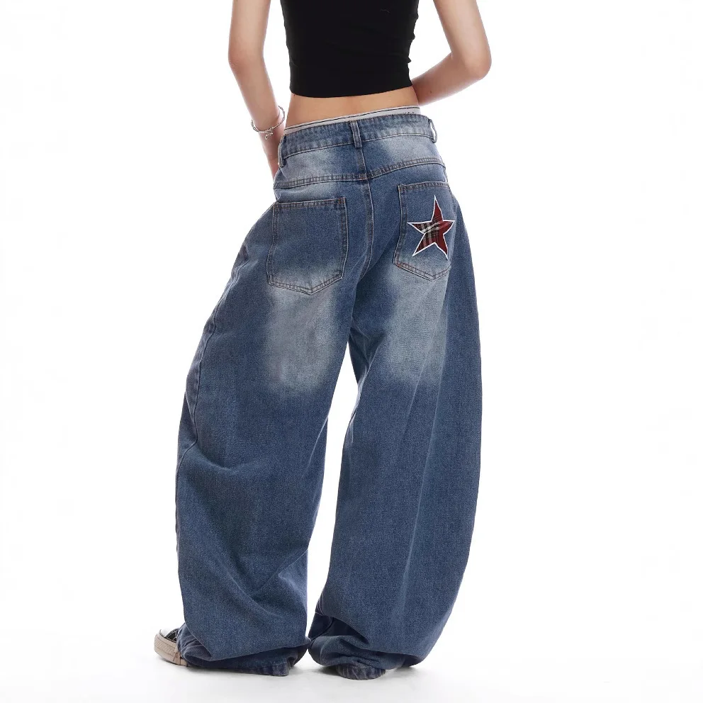 Women Vintage Plaid Star Patch Wide Leg Jeans Y2K Letter Embroidery Baggy Denim Pants Hip Hop Streetwear Loose Trousers