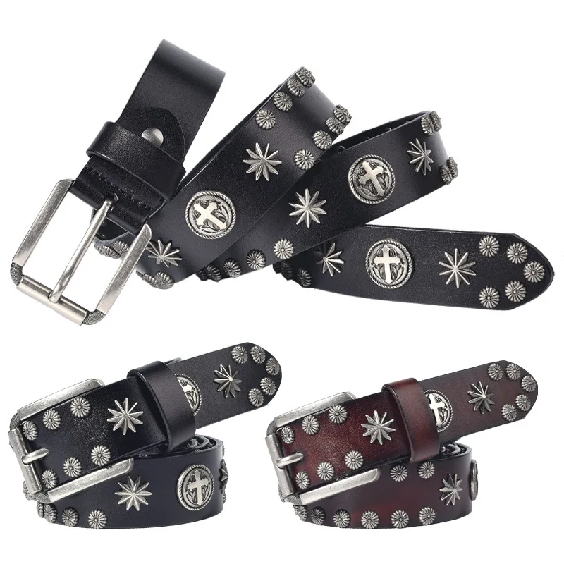 

2025 Needle Buckle Rivet Belt Personalized Punk Style Art Retro Men's and Women's Decorative Belt Head Layer Cowhide
