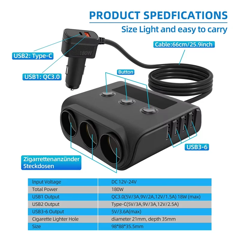 

FEDI-180W Car Cigarette Lighter Multi Triple Splitter With Switch Digital Voltage Display 4 USB Ports Type C Charger Adapter
