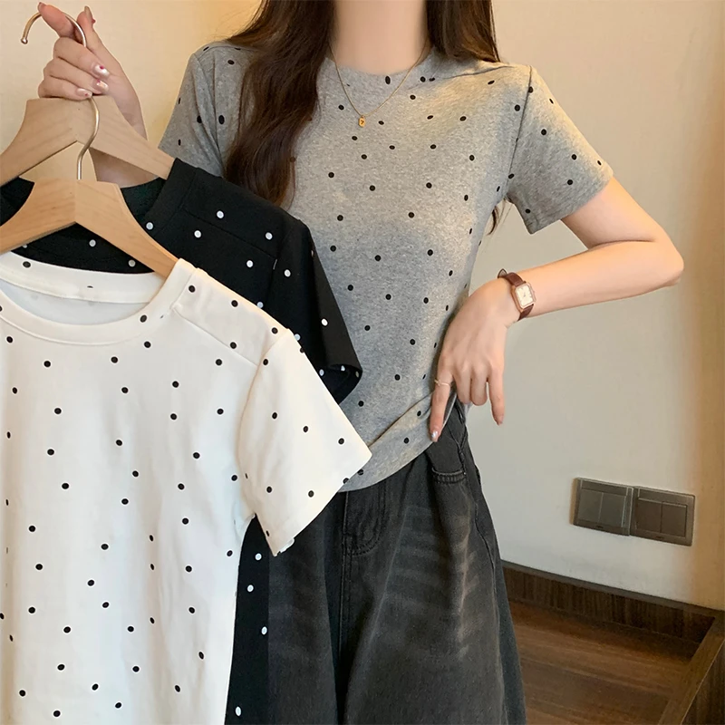 2024 Summer New Style White Short Sleeve Threaded Slim Short Polka Dot Tops T-shirt Women's Clothing Top Tees Y2k Clothes 티셔츠