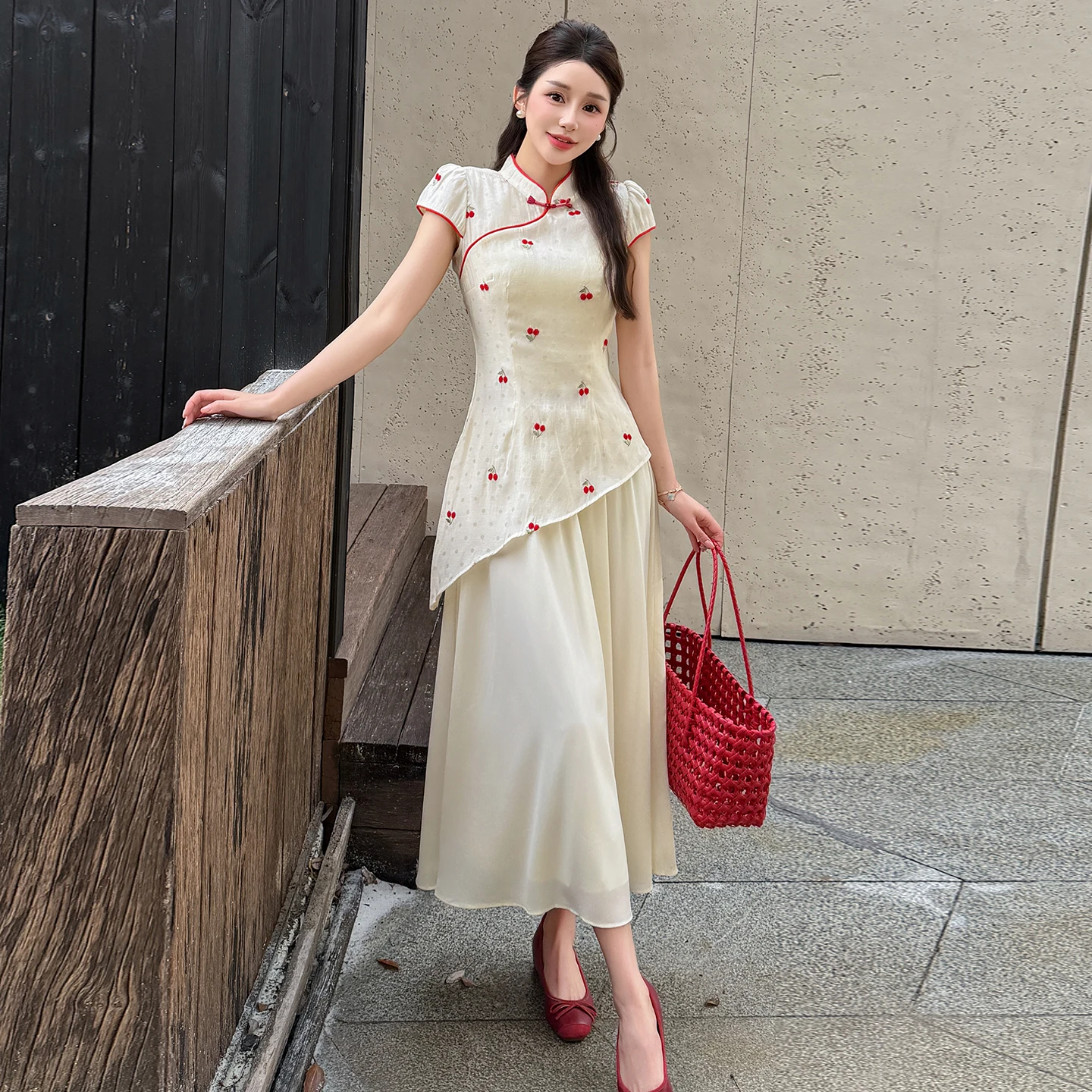 Chinese Style Modified Qipao Dress,Short Sleeve Red Piping & Cherry Embroidery,Asymmetrical Spliced Maxi Skirt for Summer Casual