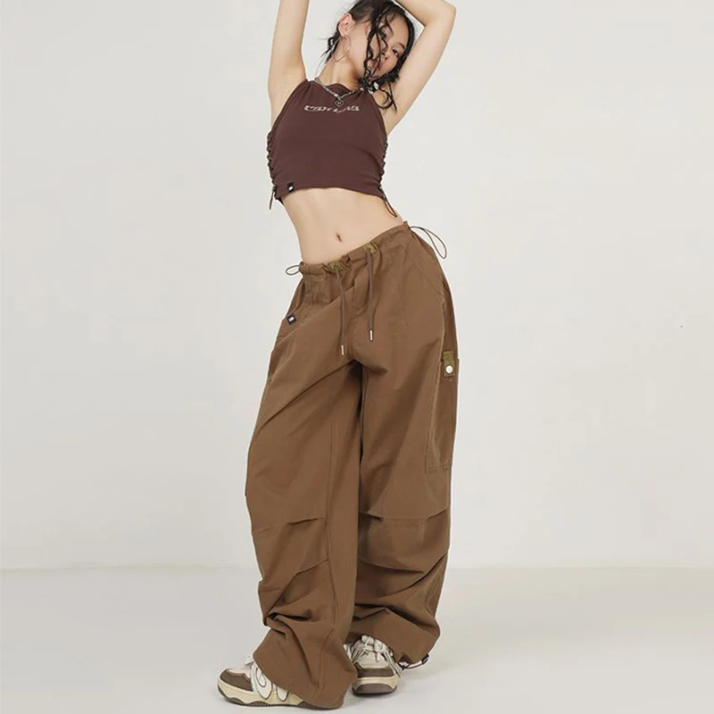 

American Loose Drawstring Cargo Pants Women Hiphop Lazy Pleat High Waist Trousers Jazz Dance Streetwear Bf Wide Leg Pants