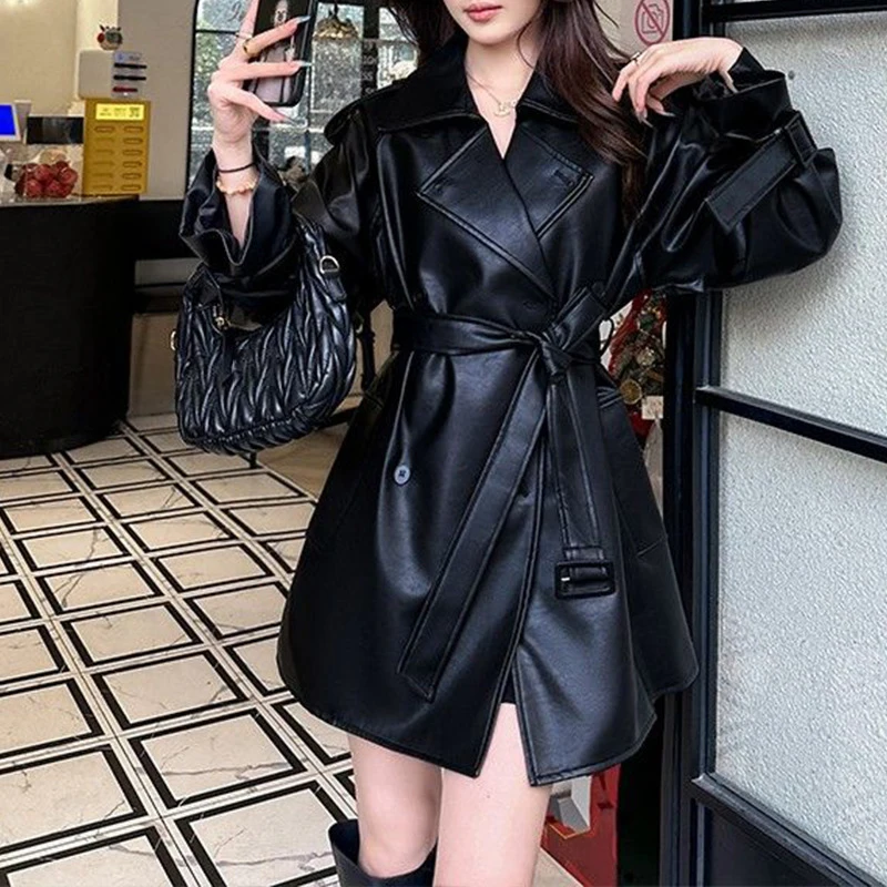 Women Leather Jacket with Belt 2025 New Korean Edition Fashion PU Leather Single Breaste Autumn Leather Windbreaker Brown Coat
