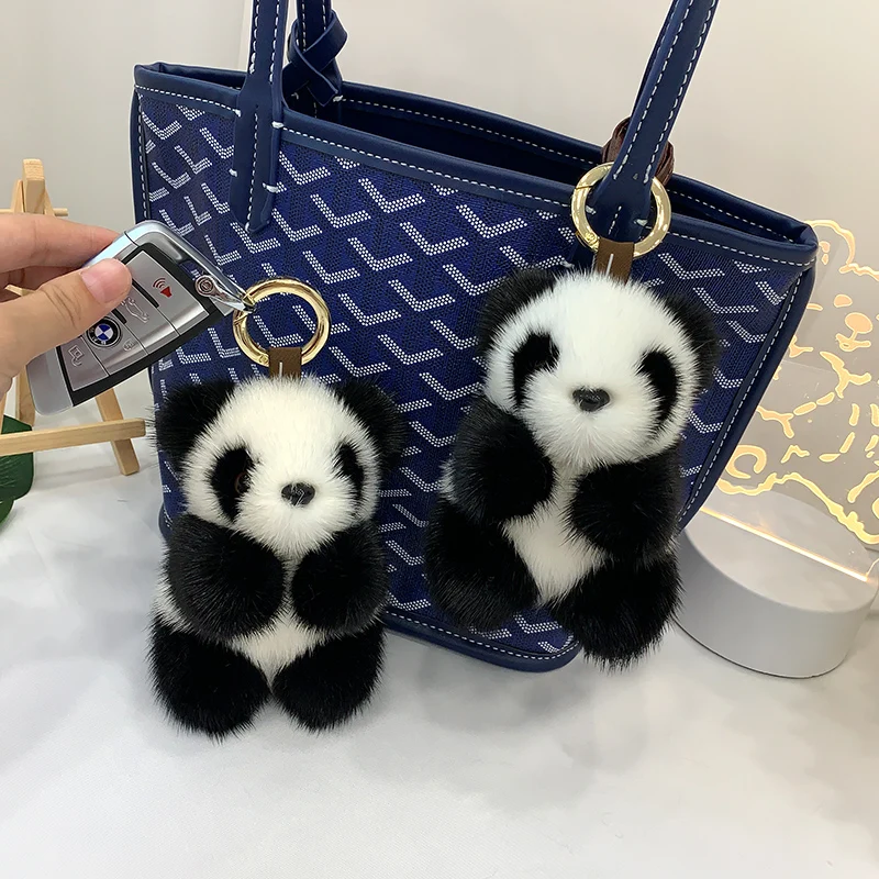 Cute Plush Panda Real Mink Fur Keychain Pendant Kids Toy Women Bag Charm Rear View Mirror Ornaments Trinkets Car Metal Key Rings