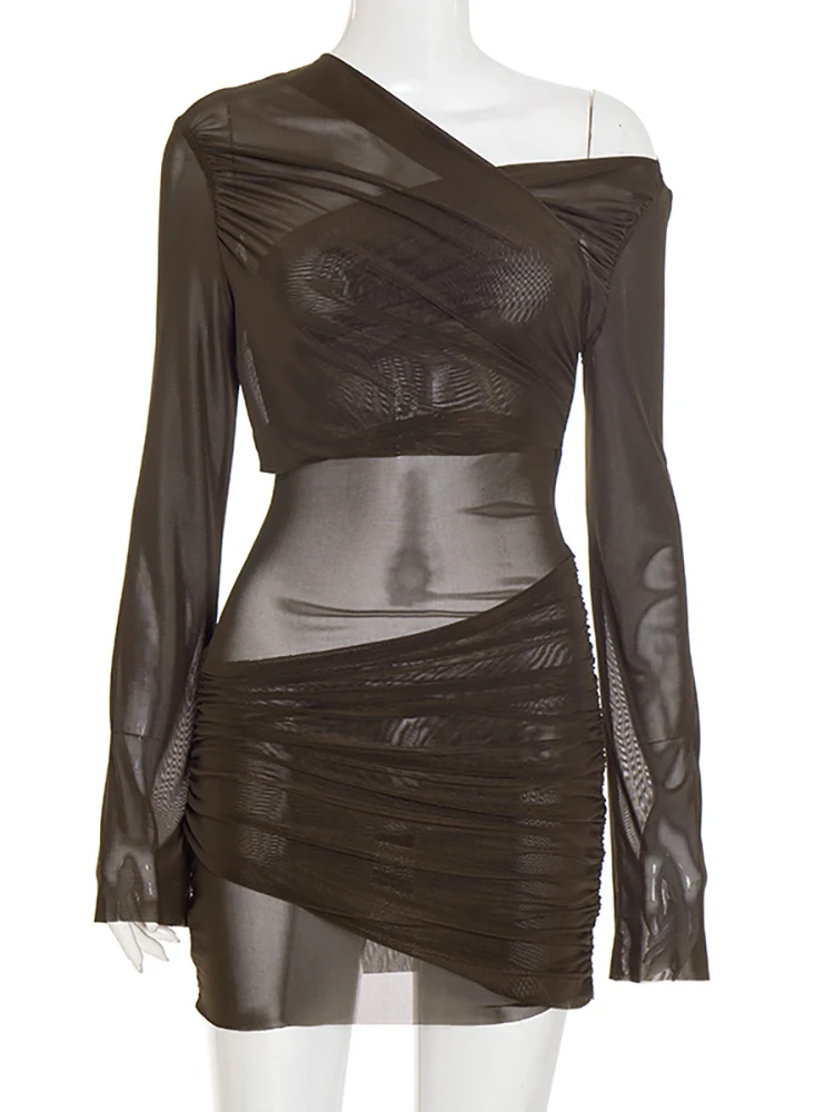 Fantoye Sexy une épaule voir à travers maille femmes robe marron à manches longues froncé Mini robe automne mince élégant fête Club robe