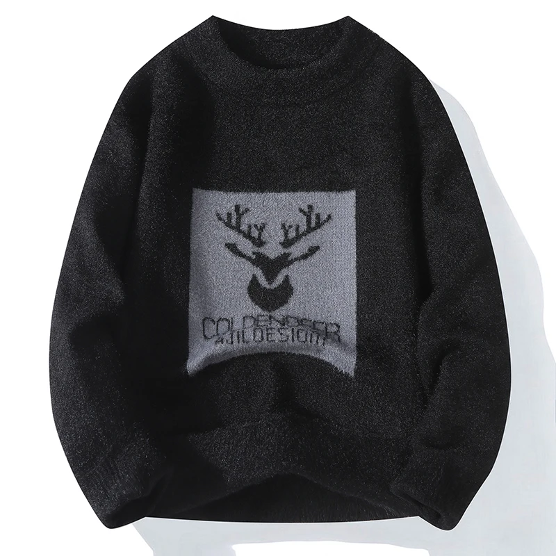 

Trendy Deer Head Men's Knitted Sweater 2025 O-neck Autumn/Winter Warm Casual Top High Street Style Clothing Thick Bottom Sweater