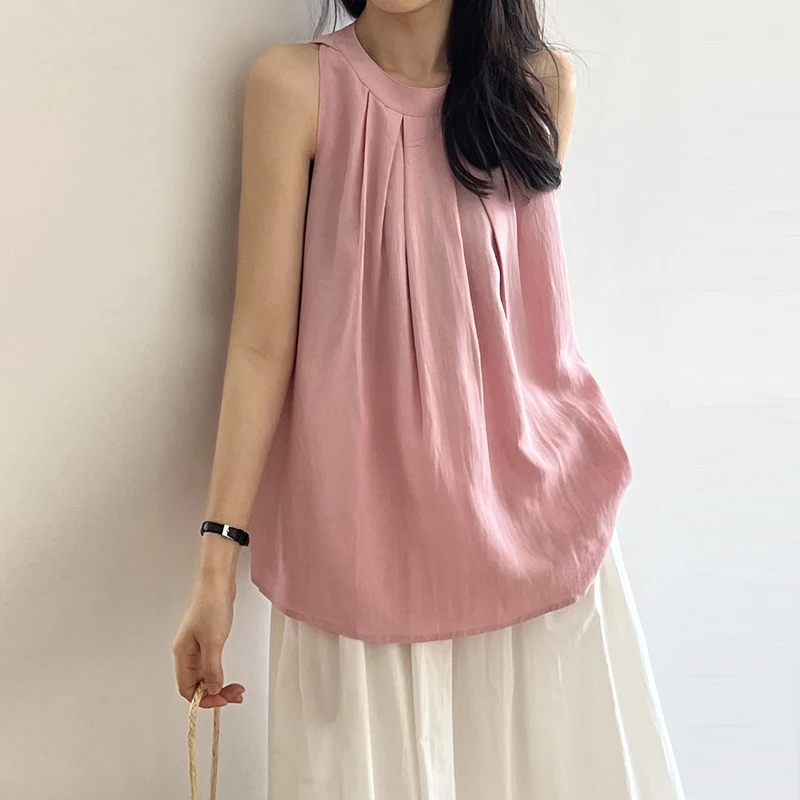 Johnature Korean Linen New Halterneck Shirt Women 2024 Summer Loose Simple Sleeveless Soft Casual Tops